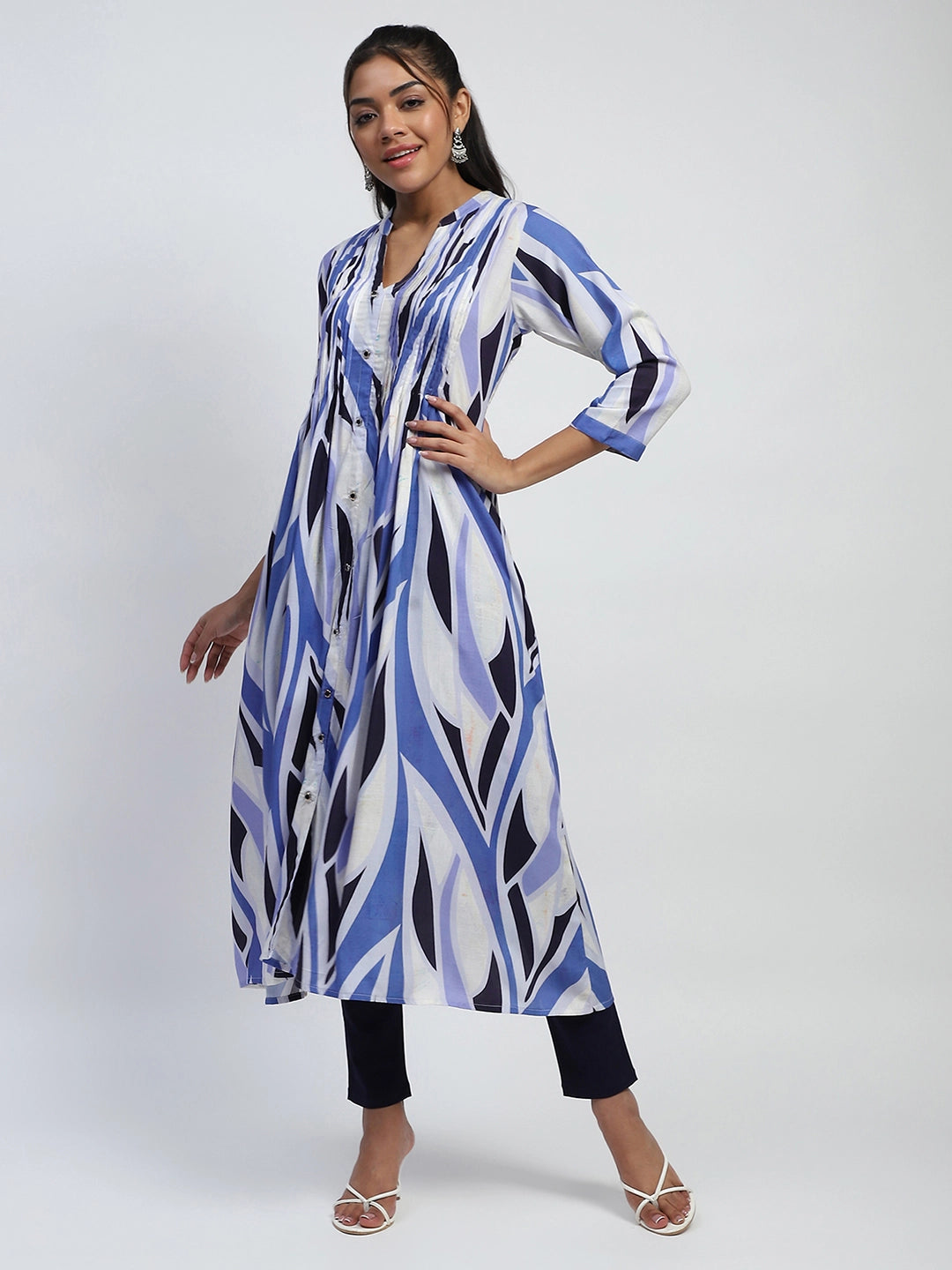 Blue Abstract Print Cotton Relaxed Fit Long Kurta