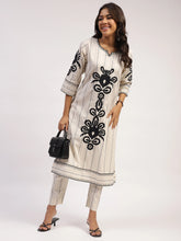 Black And White Stripes And Thread Embroidery Cotton Linen Kurta Set