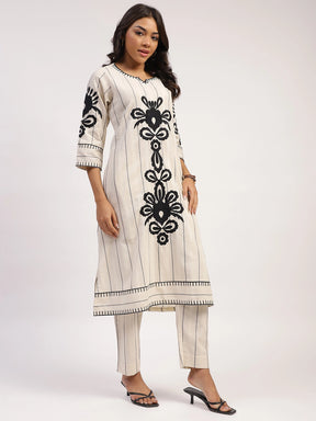 Black And White Stripes And Thread Embroidery Cotton Linen Kurta Set