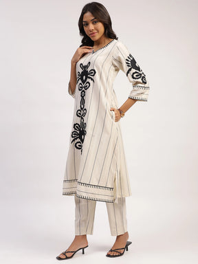 Black And White Stripes And Thread Embroidery Cotton Linen Kurta Set