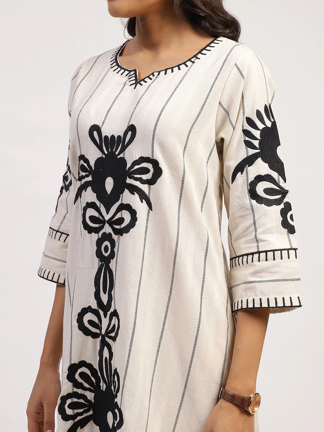 Black And White Stripes And Thread Embroidery Cotton Linen Kurta Set