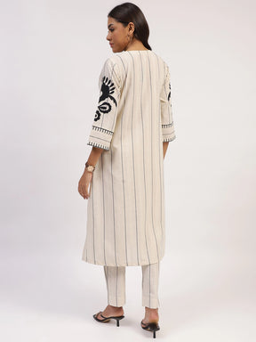 Black And White Stripes And Thread Embroidery Cotton Linen Kurta Set