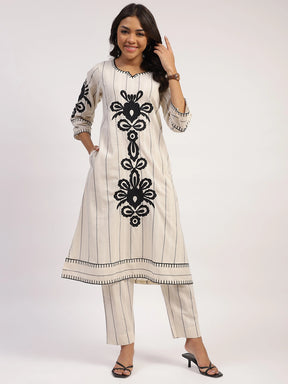 Black And White Stripes And Thread Embroidery Cotton Linen Kurta Set