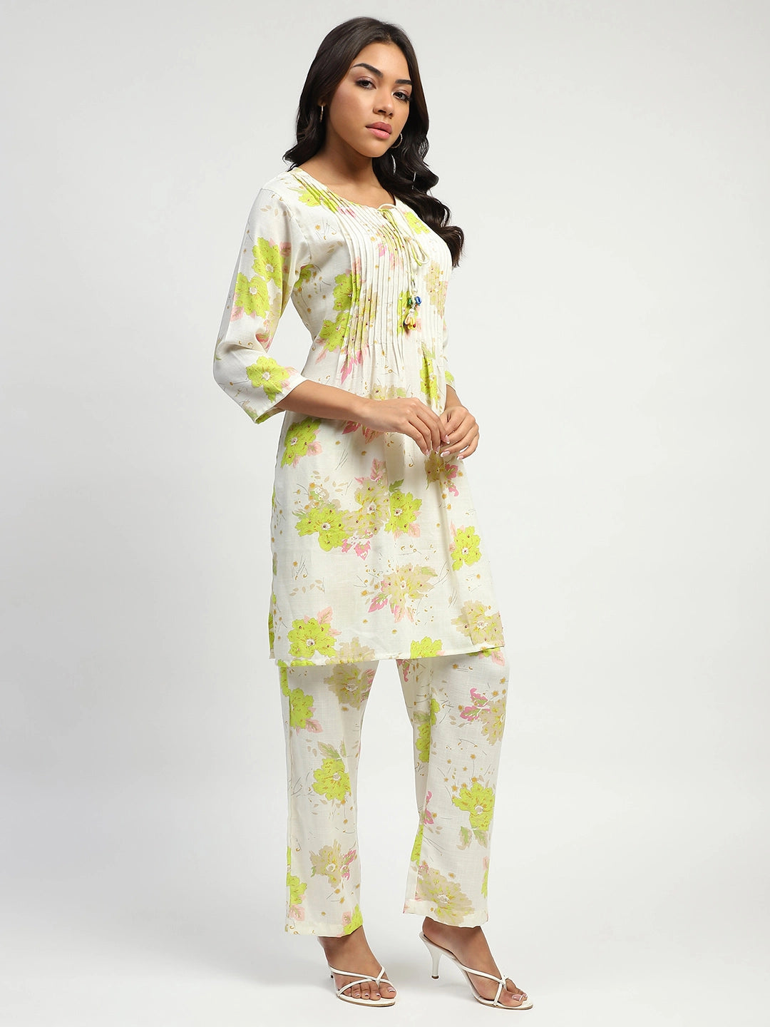 White And Green Floral Print Cotton Kurta Set