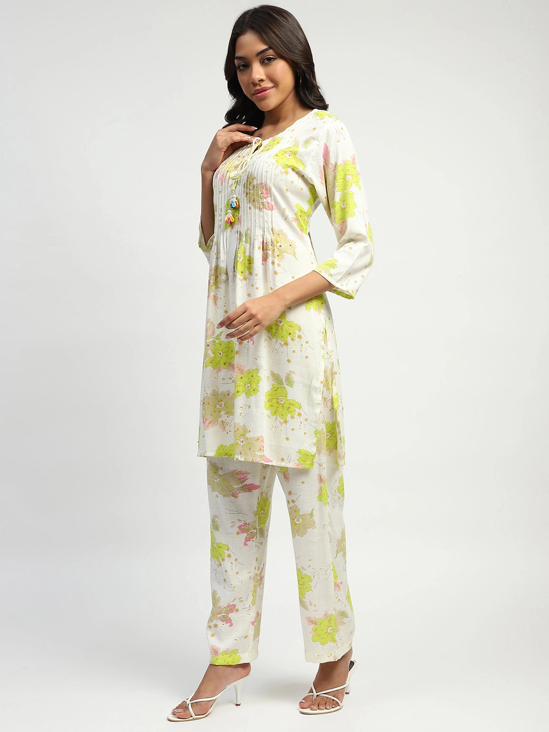 White And Green Floral Print Cotton Kurta Set