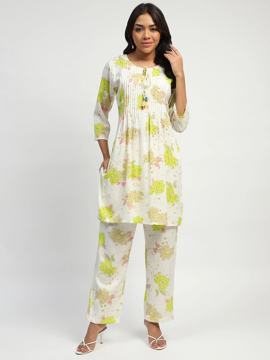 White And Green Floral Print Cotton Kurta Set