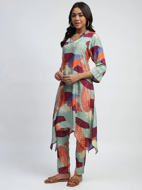 Multi  Abstract Print Rayon Kurta Set