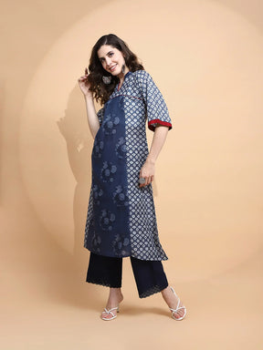 Blue Cotton Blend Loose Fit Kurta For Women