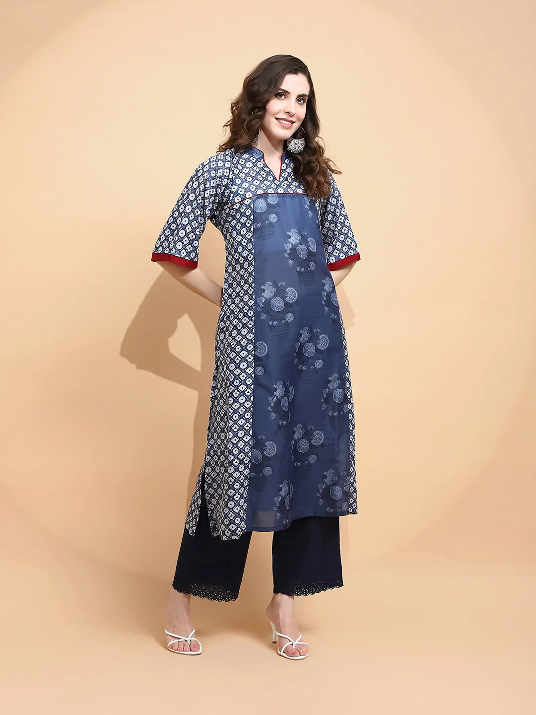 Blue Cotton Blend Loose Fit Kurta For Women