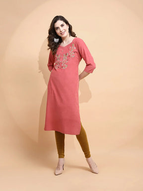 Rust Cotton Blend Regular Fit Kurta For Women