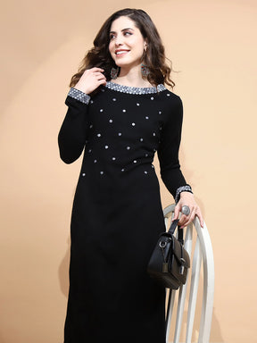 Black Knitted Regular Fit Kurta Set For Women