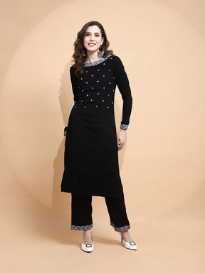 Black Knitted Regular Fit Kurta Set For Women