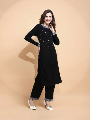 Black Knitted Regular Fit Kurta Set For Women