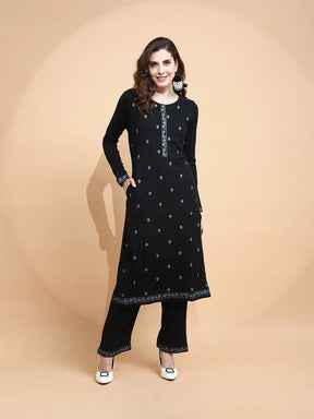 Black Knitted Regular Fit Kurta Set For Women