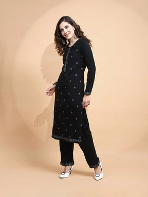 Black Knitted Regular Fit Kurta Set For Women