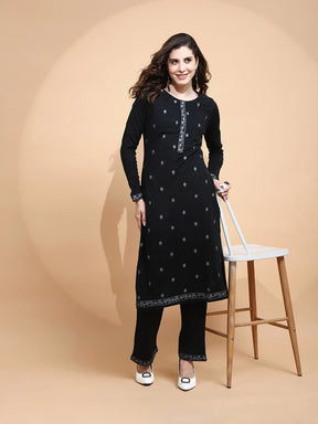 Black Knitted Regular Fit Kurta Set For Women