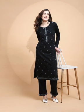 Black Knitted Regular Fit Kurta Set For Women