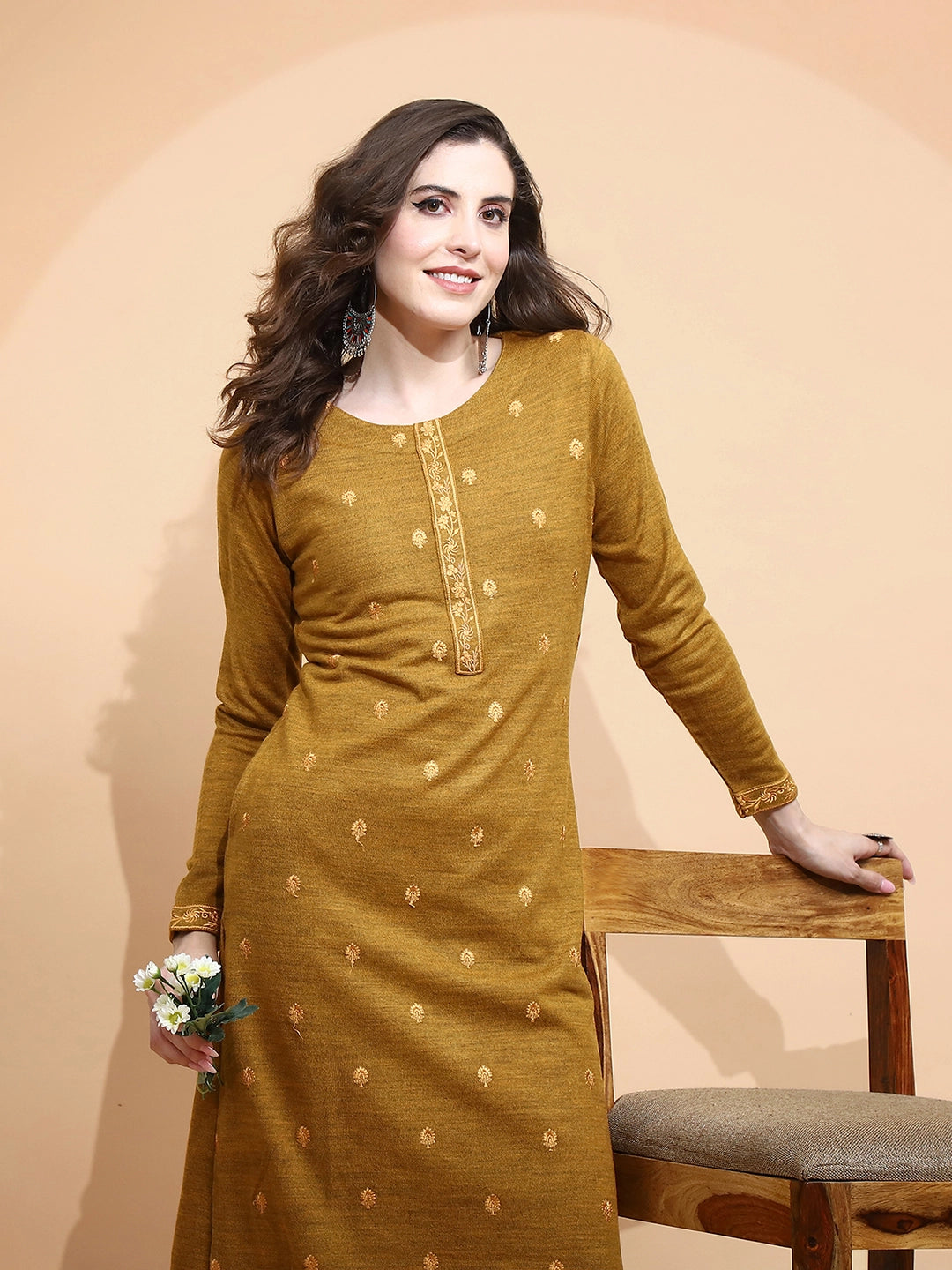 Mustard Knitted Regular Fit Kurta Set For Women