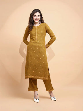 Mustard Knitted Regular Fit Kurta Set For Women