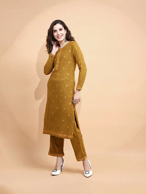 Mustard Knitted Regular Fit Kurta Set For Women