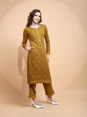 Mustard Knitted Regular Fit Kurta Set For Women