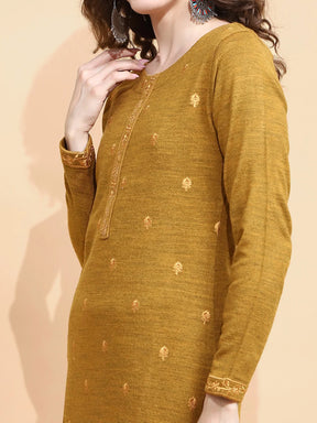 Mustard Knitted Regular Fit Kurta Set For Women