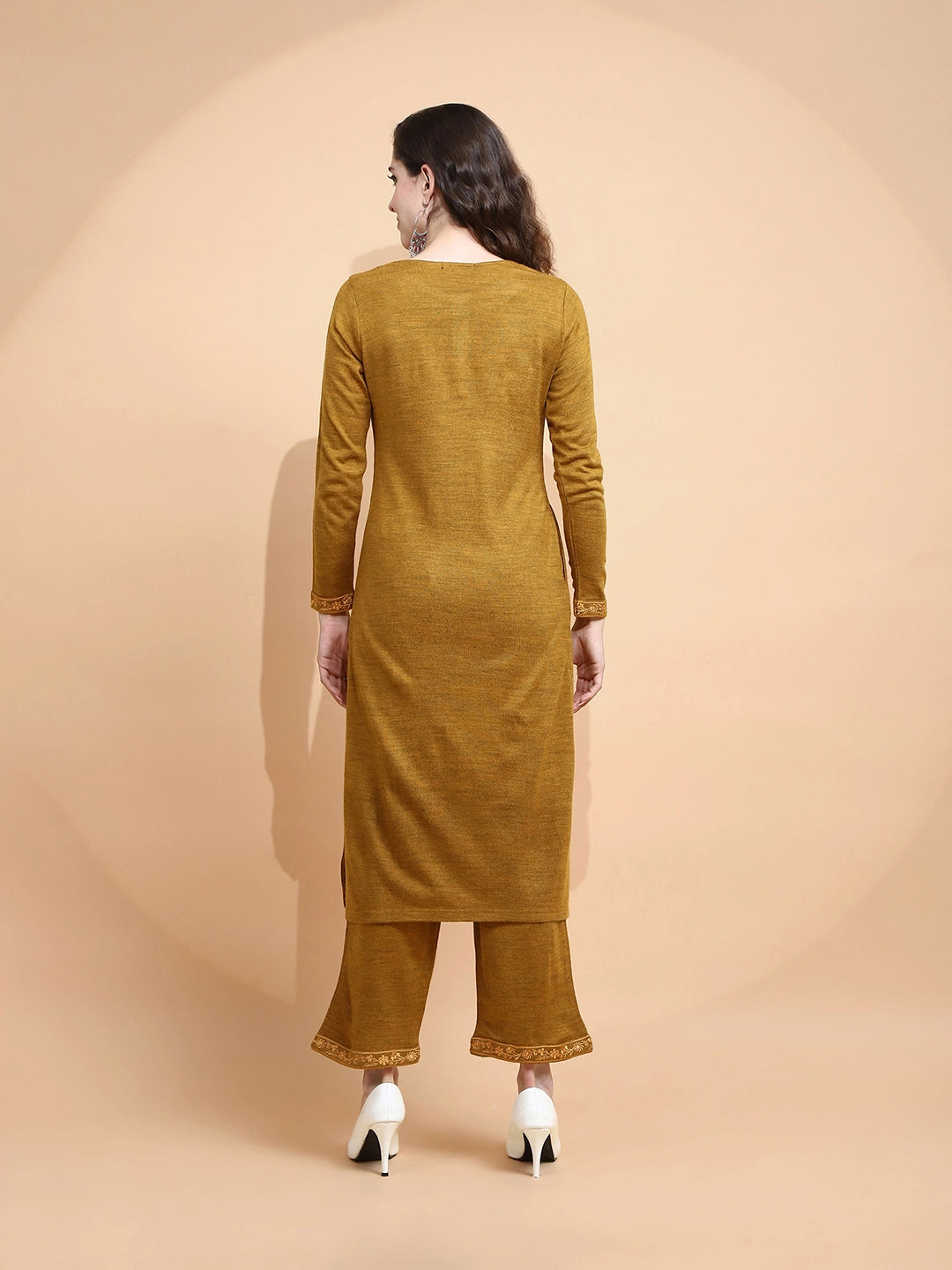 Mustard Knitted Regular Fit Kurta Set For Women