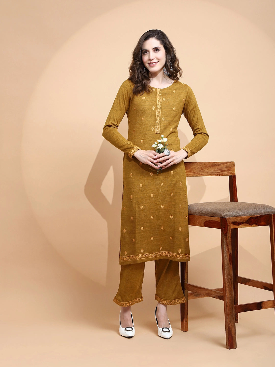 Mustard Knitted Regular Fit Kurta Set For Women