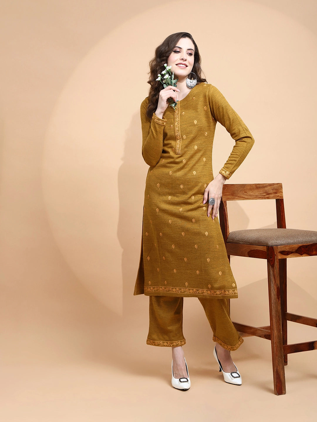 Mustard Knitted Regular Fit Kurta Set For Women