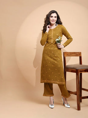 Mustard Knitted Regular Fit Kurta Set For Women