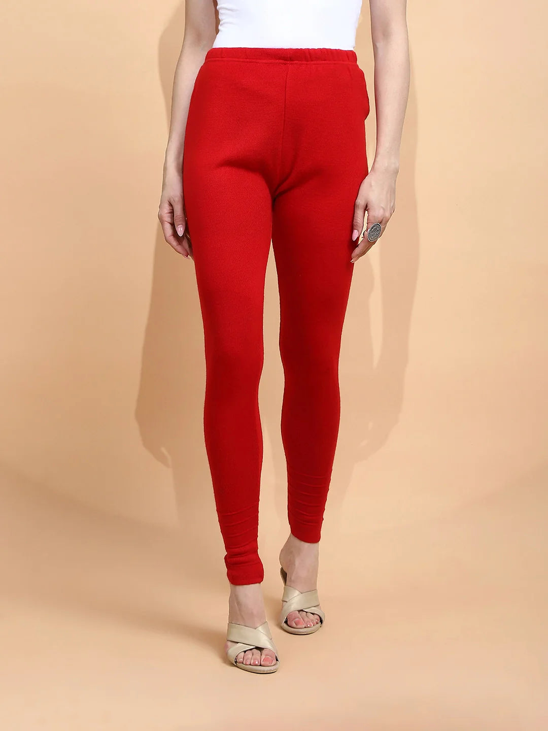 Red Woolen Blend Slim Fit Legging For Women