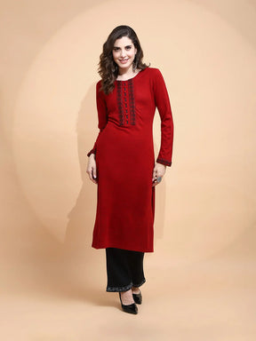 Maroon Woolen Regular Fit Kurta For Women