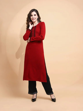 Maroon Woolen Regular Fit Kurta For Women