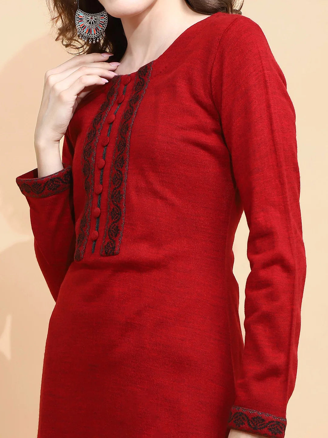 Maroon Woolen Regular Fit Kurta For Women