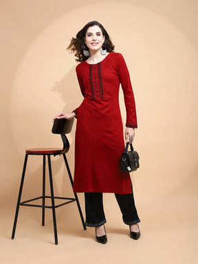 Maroon Woolen Regular Fit Kurta For Women