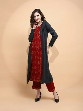 Maroon Woolen Regular Fit Kurta For Women