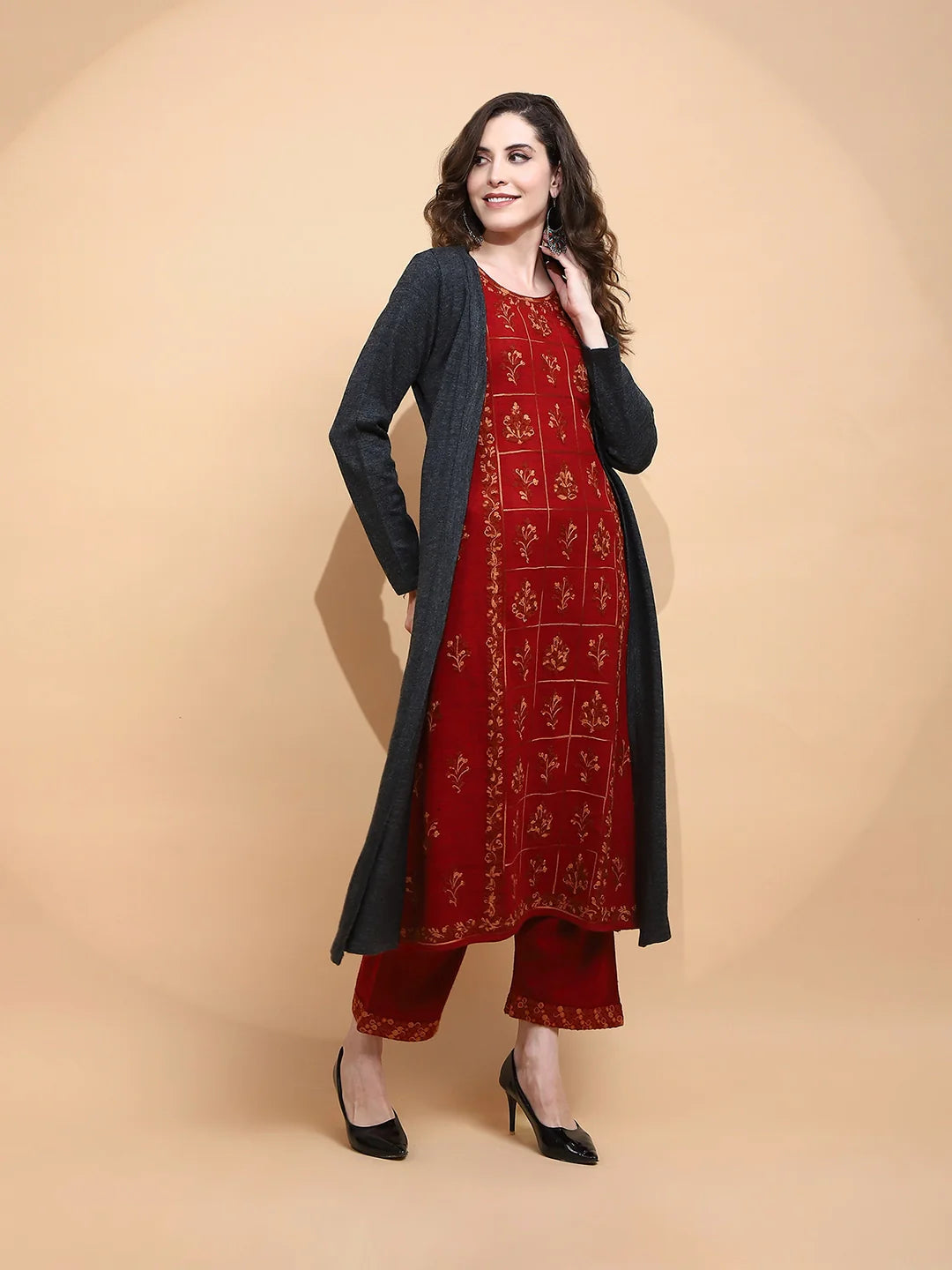 Maroon Woolen Regular Fit Kurta For Women