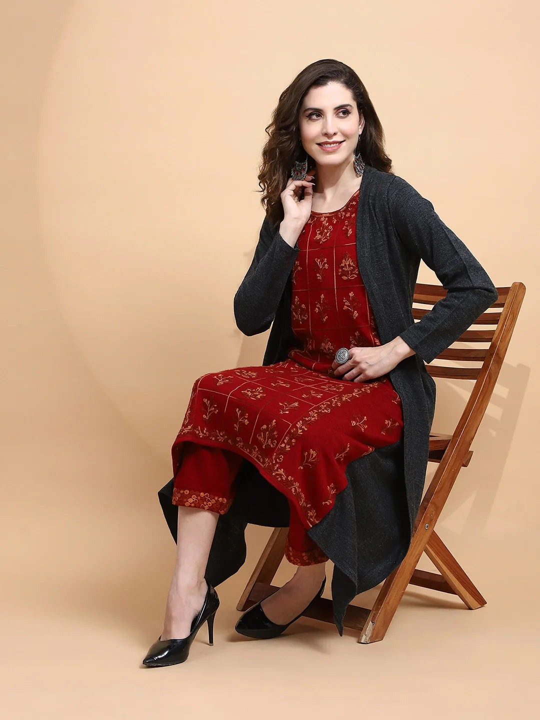 Maroon Woolen Regular Fit Kurta For Women