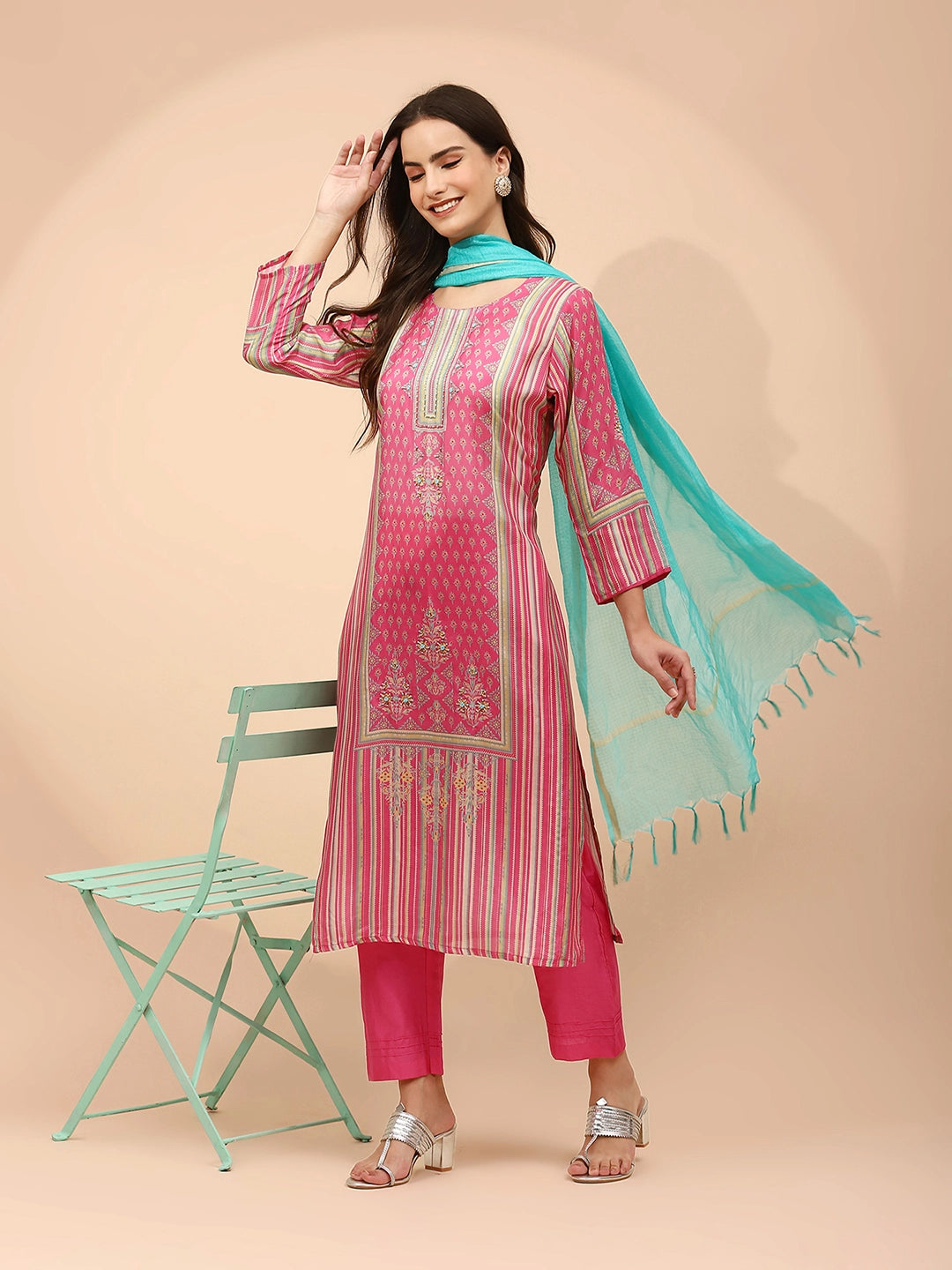 Soft Pink Muslin Regular Fit Suit Set For Women