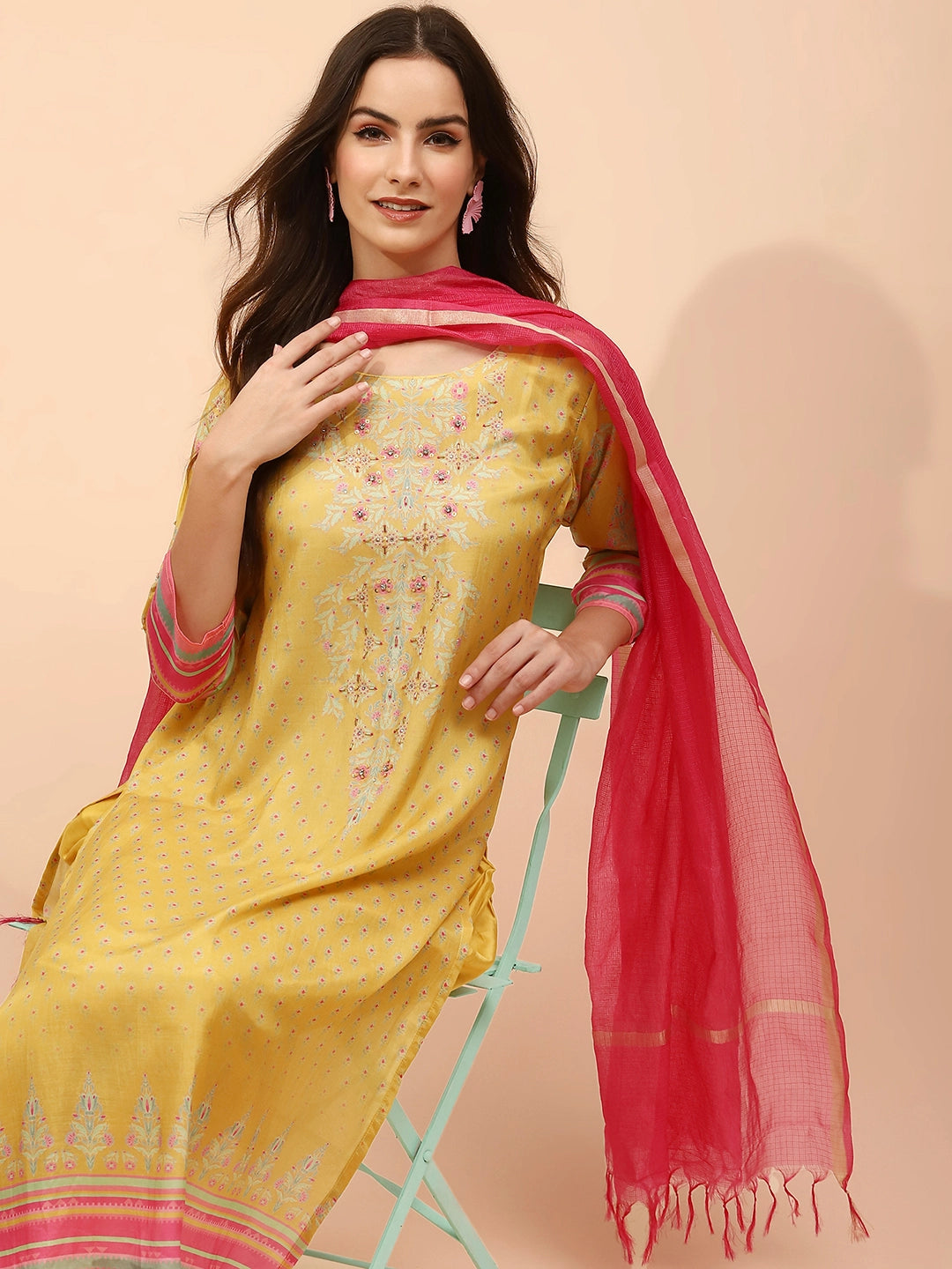 Yellow Muslin Regular Fit Suit Set For Women