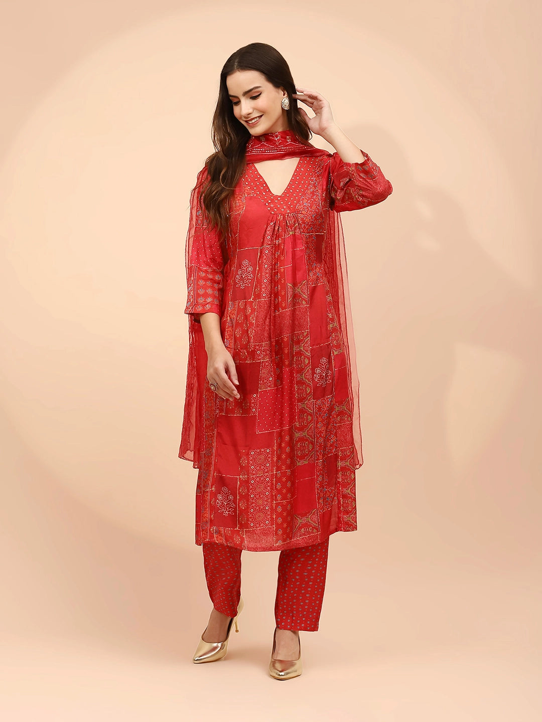 Red Muslin Printed & Embellished Suit Set