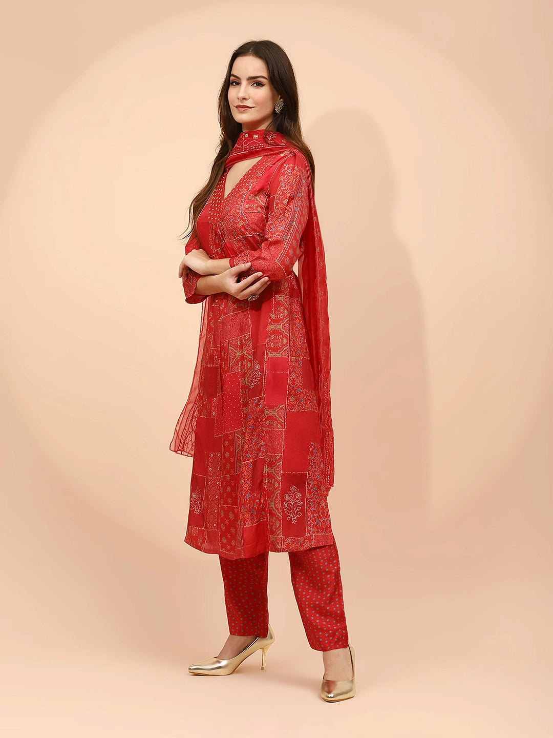 Red Muslin Printed & Embellished Suit Set