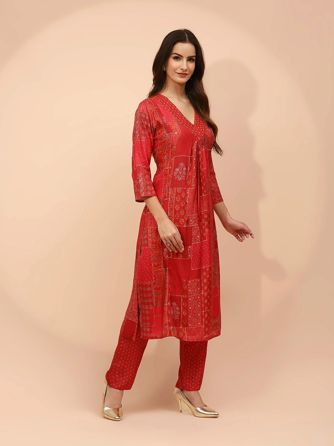 Red Muslin Regular Fit Suit Sets  For Women