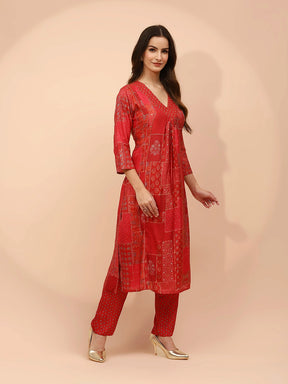 Red Muslin Regular Fit Suit Sets  For Women