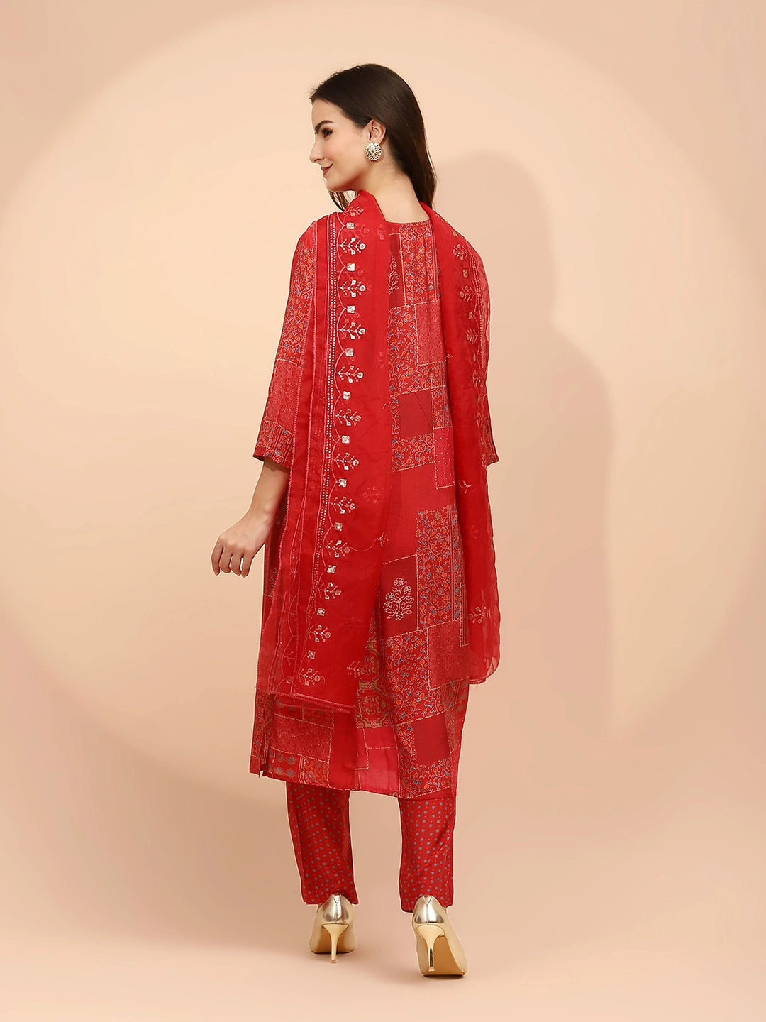 Red Muslin Regular Fit Suit Sets  For Women