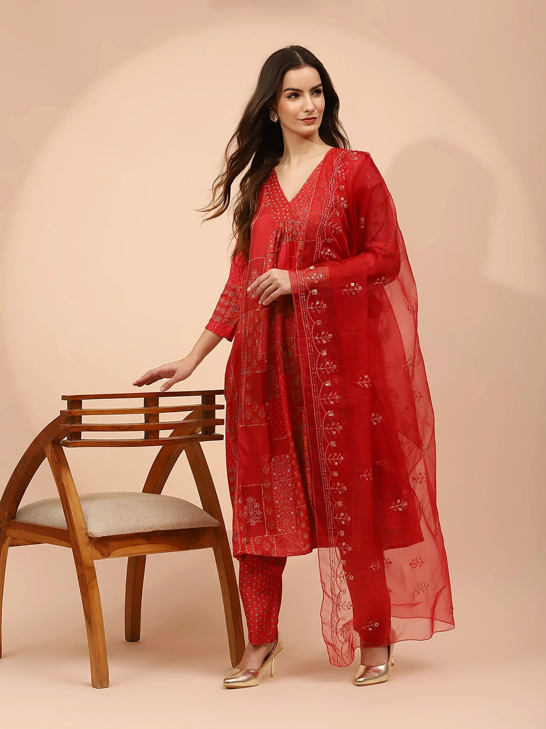 Red Muslin Regular Fit Suit Sets  For Women