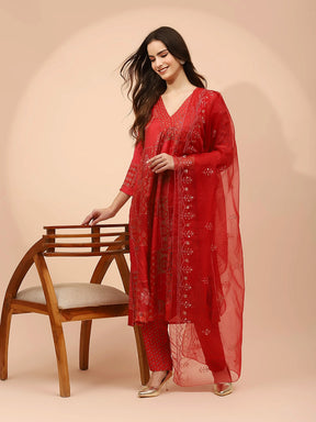 Red Muslin Regular Fit Suit Sets  For Women