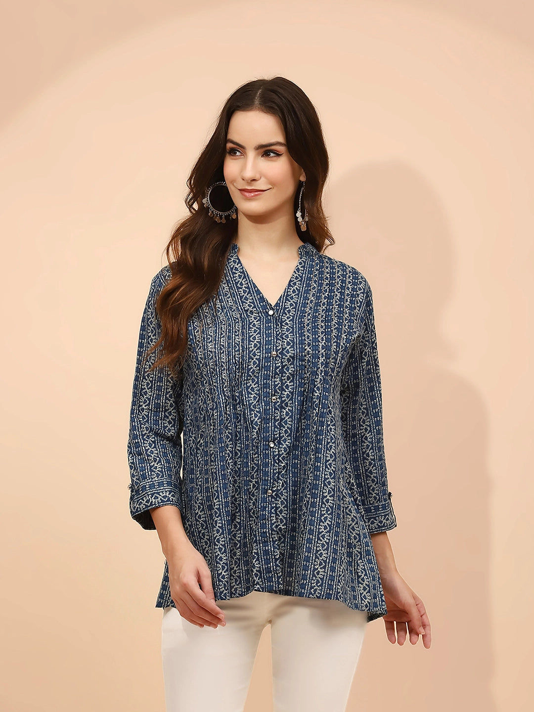 Blue Cotton Regular Fit Tunic  For Women