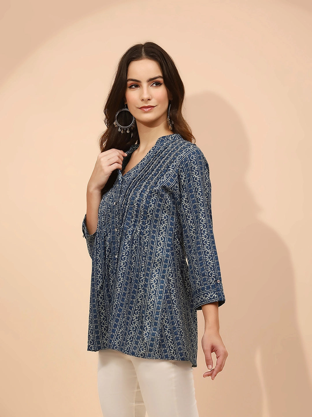 Blue Cotton Regular Fit Tunic  For Women