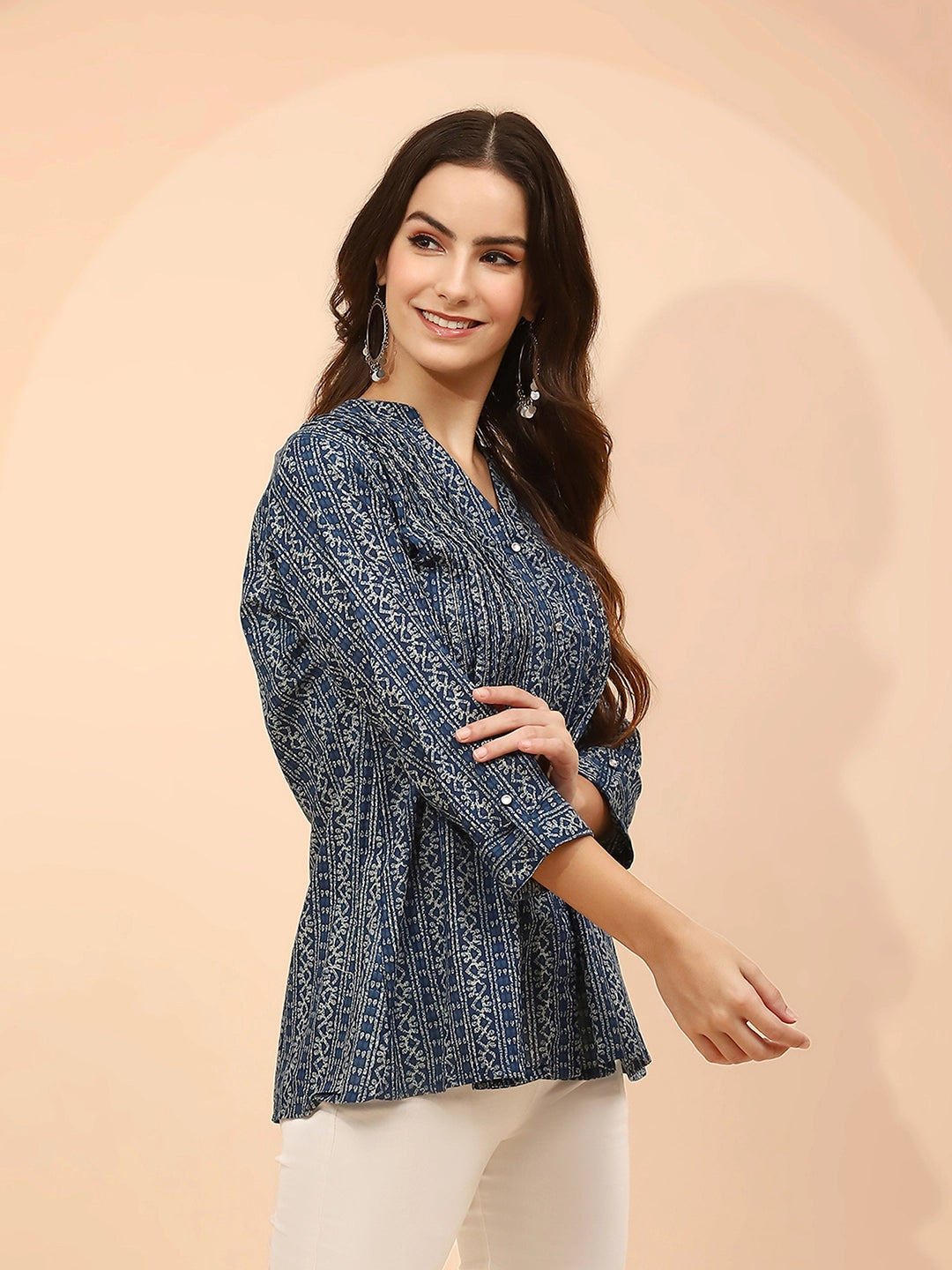 Blue Cotton Regular Fit Tunic  For Women